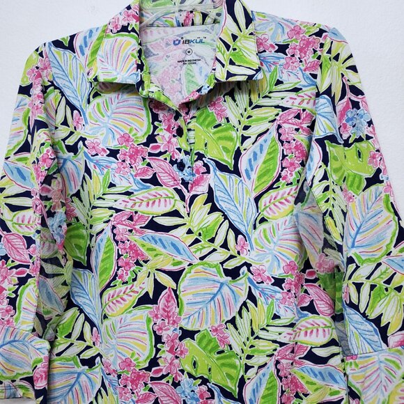 IBKUL 3/4 Bell Sleeve Collared Floral Sporty Athletic Top Size Medium UPF50+ - Picture 5 of 13